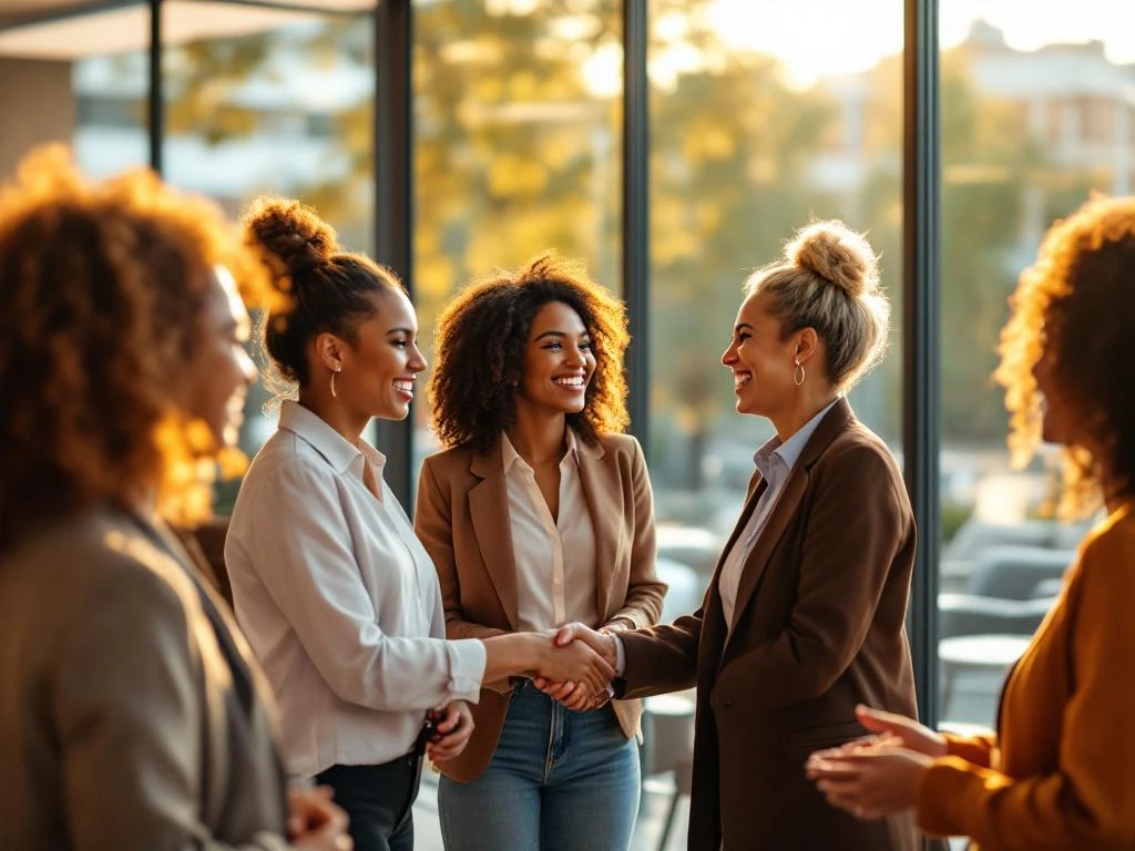 Professional women of diverse ages and ethnicities networking in animated conversation at modern business event