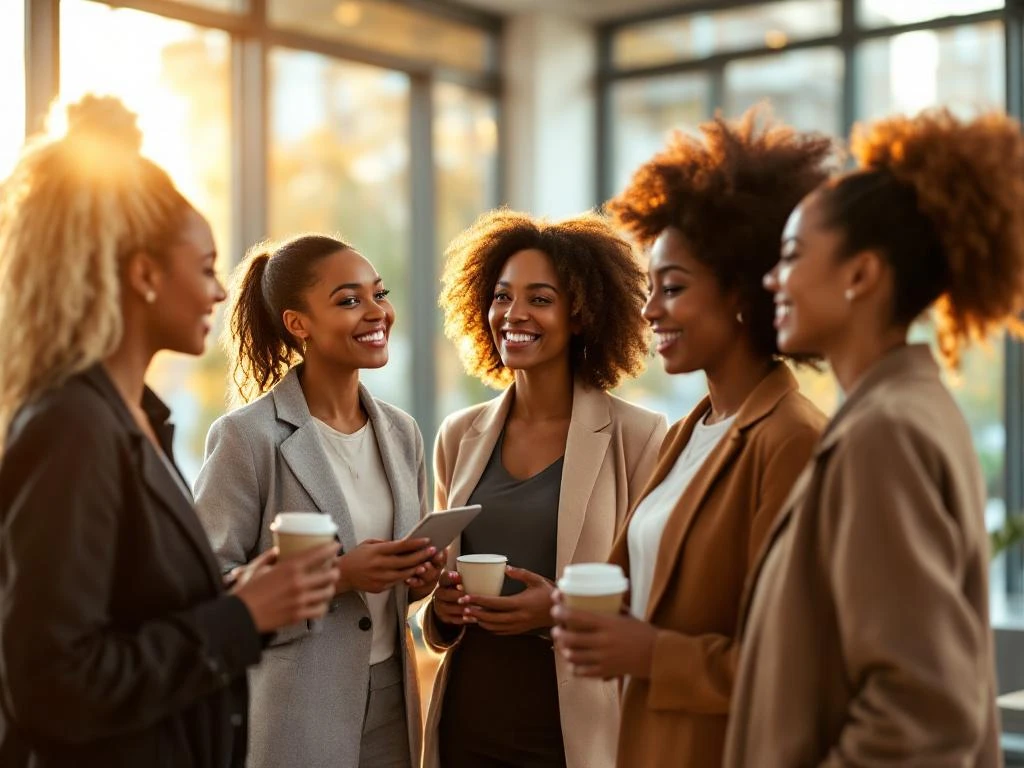 Diverse professional women networking and conversing in bright modern office with natural lighting and floor-to-ceiling windows.