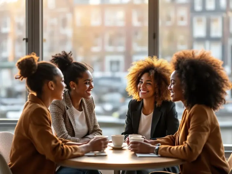 Diverse professional women networking and conversing in modern Amsterdam conference room with canal views