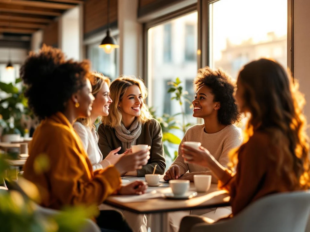 Diverse professional women networking in bright modern co-working space with natural light and contemporary design.