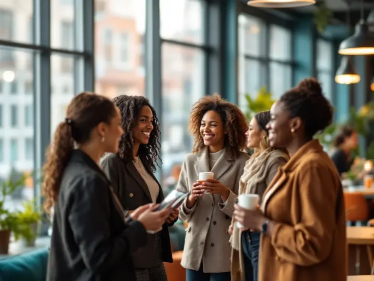 Diverse professional women networking in bright modern Dutch venue with floor-to-ceiling windows and natural lighting.