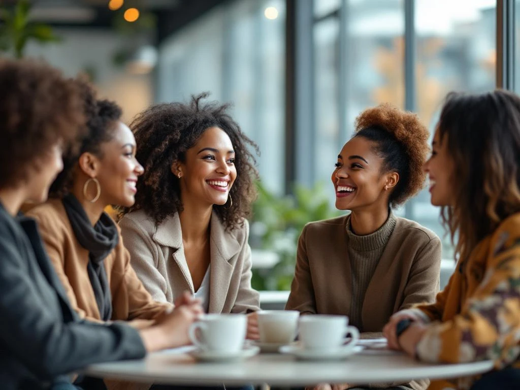 Diverse professional women networking and collaborating over coffee in bright modern office space with genuine smiles.