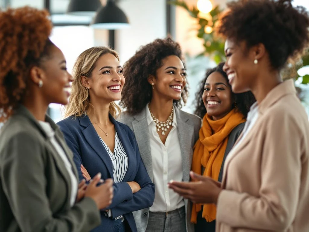 Diverse group of professional women networking in bright modern office space, smiling and conversing in business casual attire.