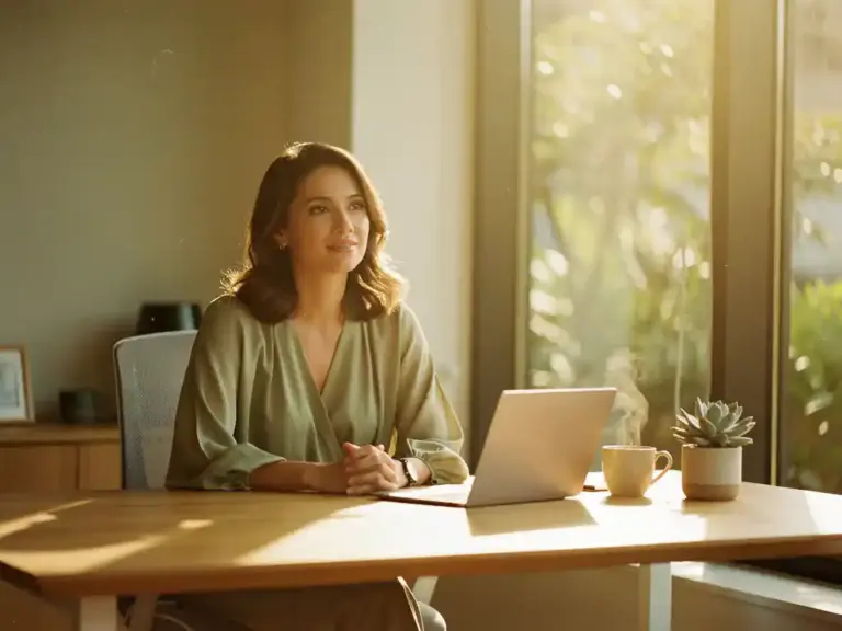 Professional woman in flowing blouse sits at minimalist wooden desk with closed laptop, succulent plant, and coffee cup in warm afternoon sunlight.