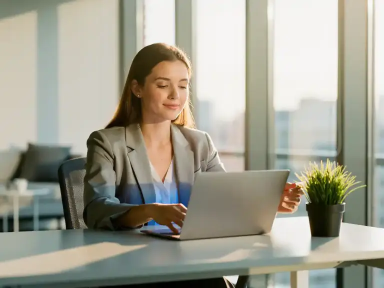 Professional woman at modern office desk holding laptop while tending to small potted plant, natural sunlight streaming through windows