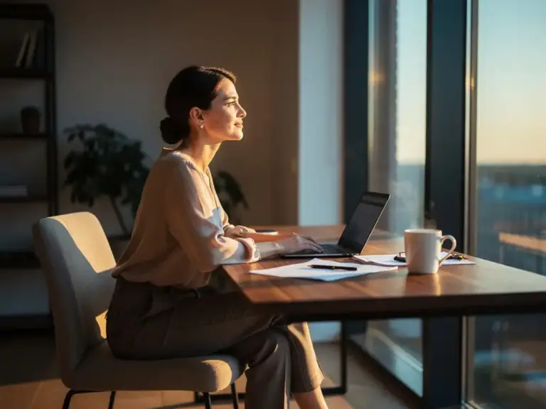 Professional woman gazing thoughtfully out window at wooden desk with open laptop and coffee mug in golden hour light