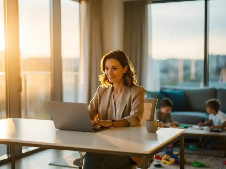 Professional woman working on laptop at home office desk with children's toys and coffee cup nearby, golden sunlight streaming through windows