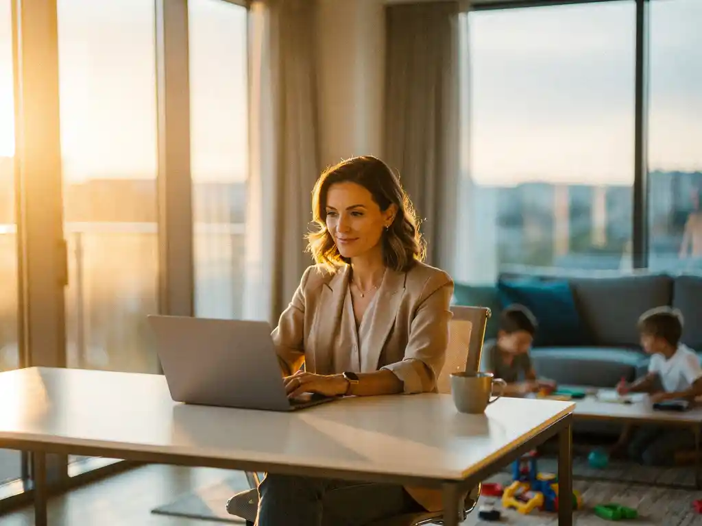 Professional woman working on laptop at home office desk with children's toys and coffee cup nearby, golden sunlight streaming through windows