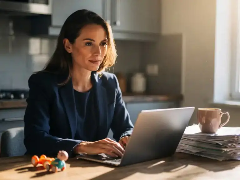 Professional woman in blazer working on laptop at kitchen table with scattered toys and coffee mug on papers, warm afternoon light streaming through window.