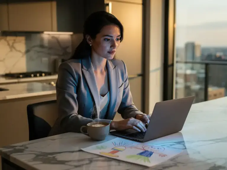 Professional woman in blazer working on laptop at marble kitchen island with coffee cup and child's drawing in warm morning sunlight