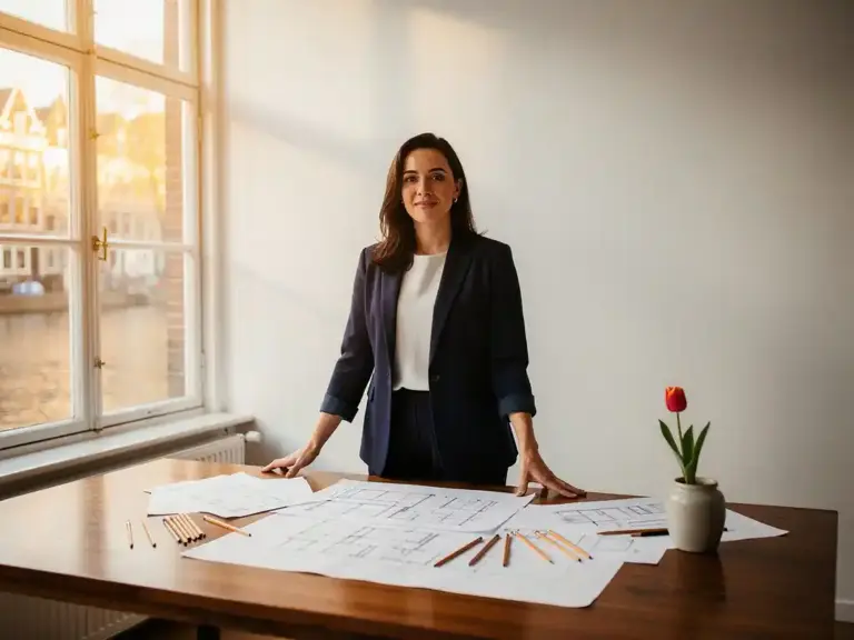 Confident woman at an Amsterdam canal workspace with architectural sketches and a potted tulip on a polished oak table, warm afternoon light through Dutch windows.