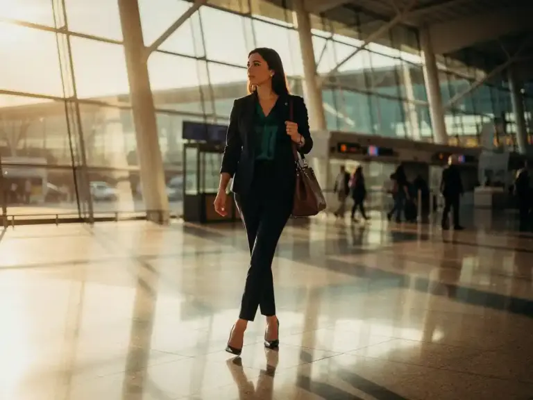 Confident businesswoman mid-stride in a sunlit airport terminal, leather tote over shoulder, reflection on polished marble floors in golden hour light.