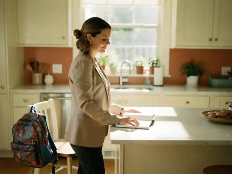 Confident woman in a blazer at a sunlit kitchen counter with an open notebook, child's colorful backpack on a nearby chair.