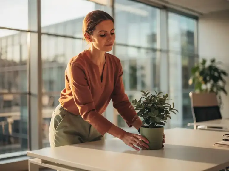 Woman placing a small potted plant on her desk in a sunlit Amsterdam office, symbolizing workplace boundaries.