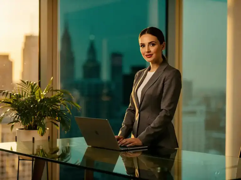 Confident professional woman in blazer at glass desk with laptop, city skyline and green plant visible through floor-to-ceiling windows in warm golden light.