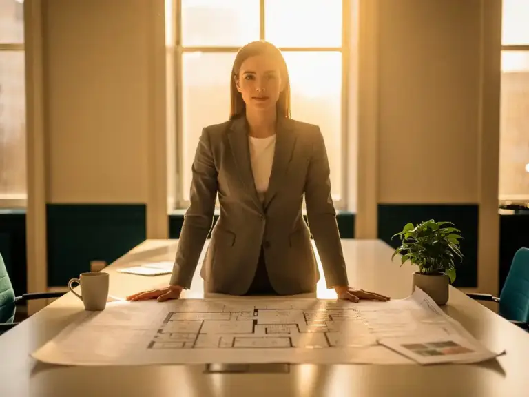 Confident woman in a tailored blazer reviewing architectural floor plans at a sunlit boardroom table with a green plant and coffee cup nearby.
