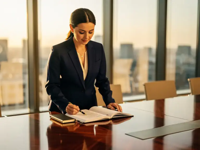 Woman in tailored blazer reviewing governance documents at a polished boardroom table, warm afternoon light, open notebook with elegant pen.