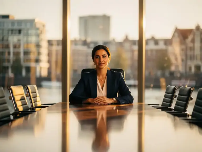 Confident professional woman seated at the head of a modern Amsterdam boardroom table, warm afternoon light through floor-to-ceiling windows.