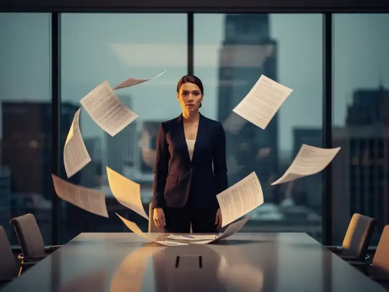 Confident woman in tailored blazer standing amid swirling documents in a glass-walled boardroom, city skyline softly blurred behind her.