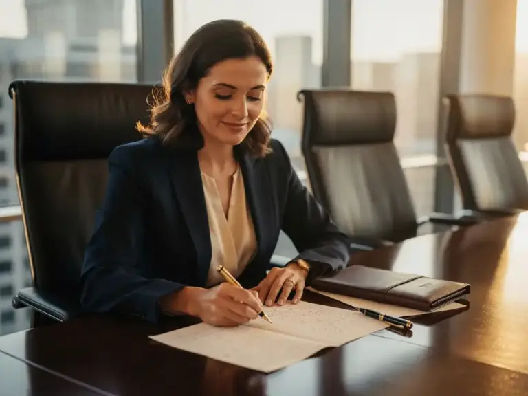 Woman in tailored blazer reviewing handwritten notes at a boardroom table, leather portfolio and fountain pen nearby, warm afternoon light.