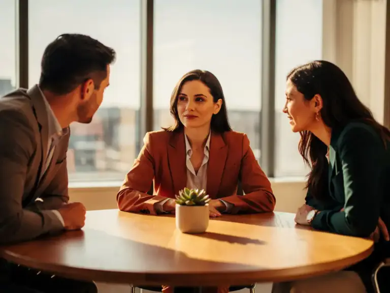 Confident businesswoman leading a meeting at a round oak table with attentive colleagues in warm afternoon light.
