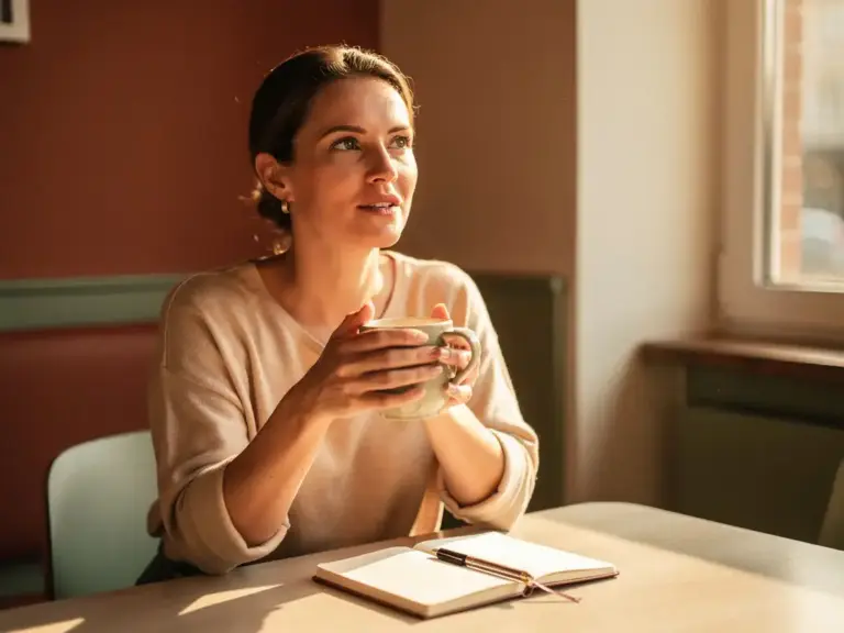 Woman holding ceramic mug at sunlit café table, listening attentively with open notebook nearby in warm morning light.