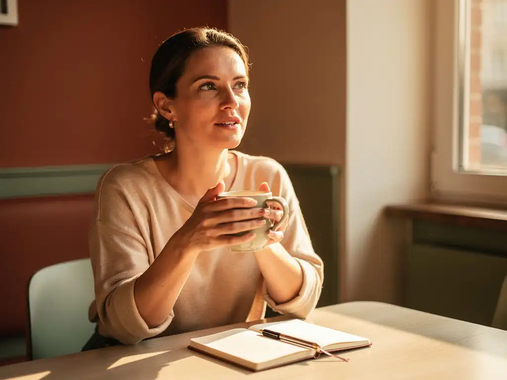 Woman holding ceramic mug at sunlit café table, listening attentively with open notebook nearby in warm morning light.
