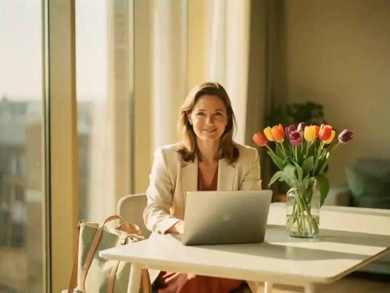 Woman in blazer working on laptop at a bright modern desk with tulips in a vase, warm Dutch daylight through large windows.