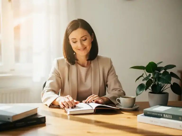 Woman in her 40s reopening a notebook at a sunlit wooden desk with coffee, a thriving plant, and professional books nearby.