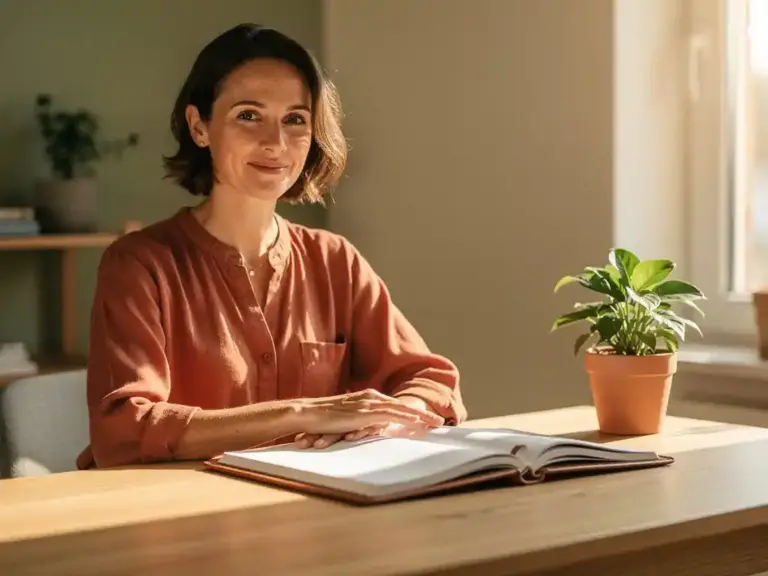 Confident woman at a Scandinavian wooden desk with an open leather planner, potted plant, and warm afternoon light in terracotta and sage tones.