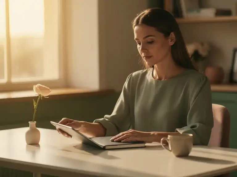 Woman closing a notebook at a modern desk beside a soft pink flower and coffee cup, warm afternoon light, sage and ivory tones.