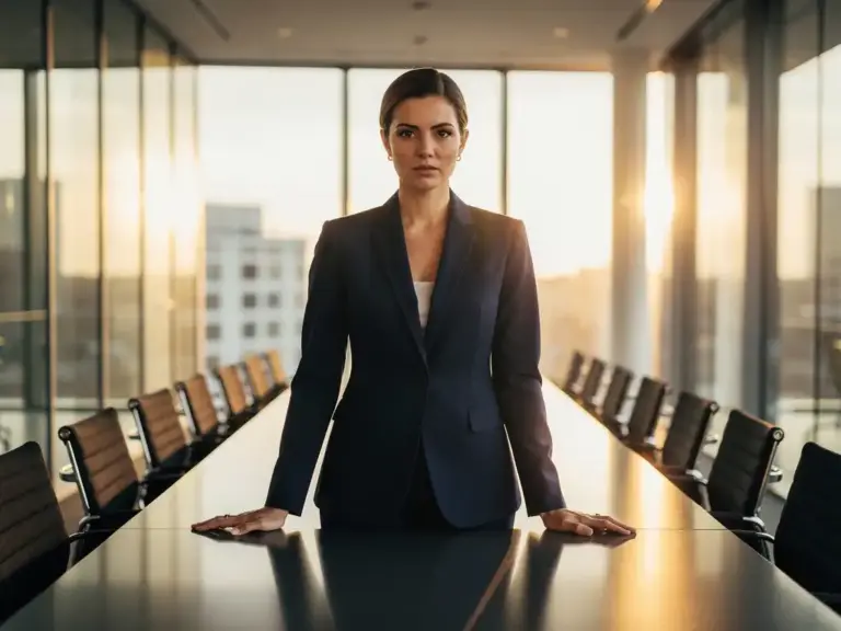 Confident woman in a blazer standing at the head of an empty boardroom table in a sunlit Amsterdam office.