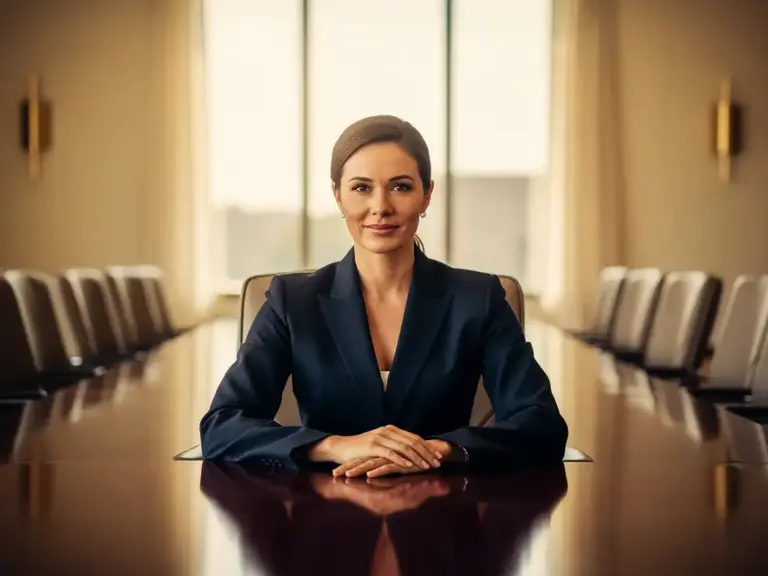 Confident woman in a tailored navy blazer seated at the head of a polished oval boardroom table in warm afternoon light.
