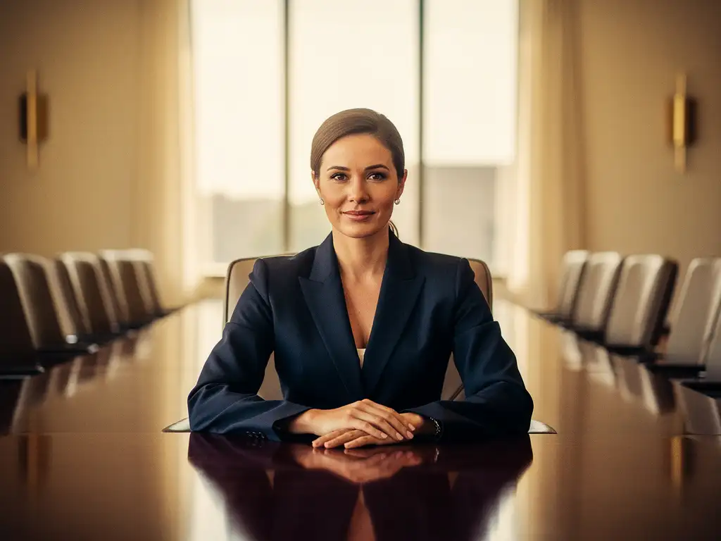 Confident woman in a tailored navy blazer seated at the head of a polished oval boardroom table in warm afternoon light.
