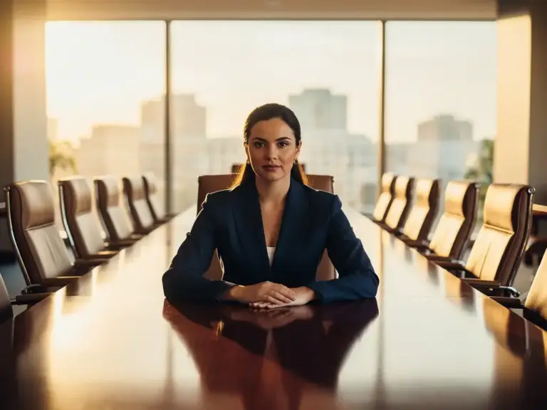 Confident woman in a tailored blazer seated at the head of a sunlit boardroom table, hands resting purposefully on the polished surface.