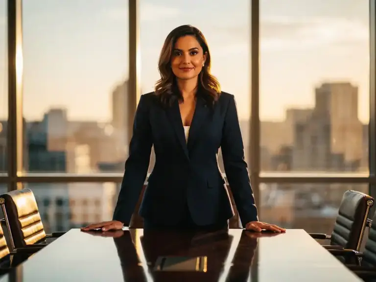 Confident woman in tailored blazer standing at glass-walled boardroom table, golden light streaming through floor-to-ceiling windows behind her.