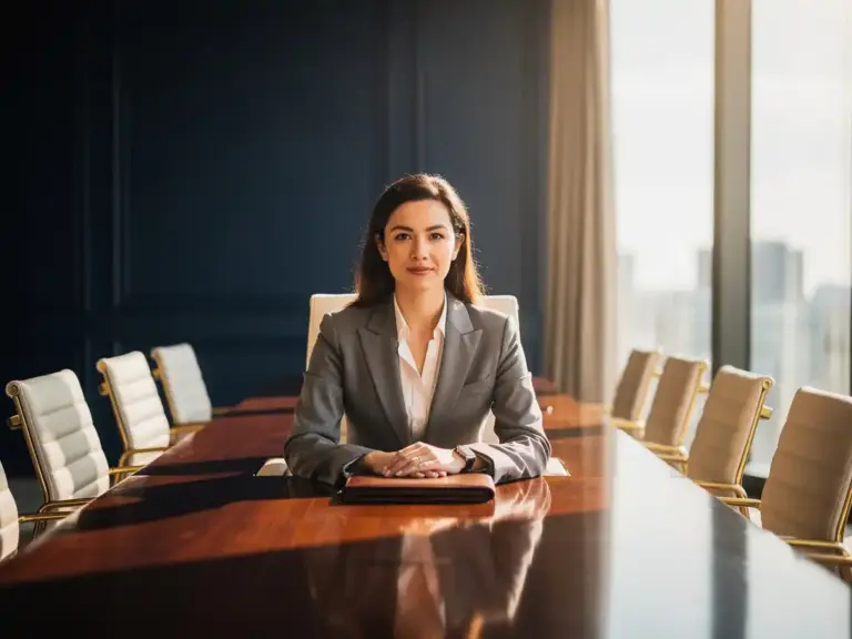 Confident businesswoman in a tailored blazer seated at a polished boardroom table, hands resting on a leather portfolio, warm afternoon light streaming through floor-to-ceiling windows.