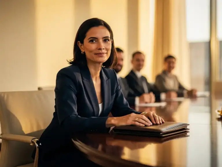 Woman in tailored navy blazer leading a boardroom meeting, hands on leather portfolio, golden afternoon light through floor-to-ceiling windows.