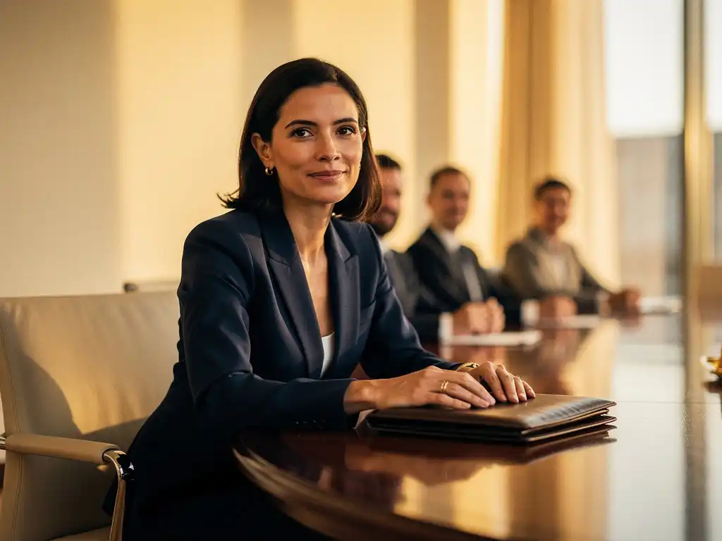 Woman in tailored navy blazer leading a boardroom meeting, hands on leather portfolio, golden afternoon light through floor-to-ceiling windows.
