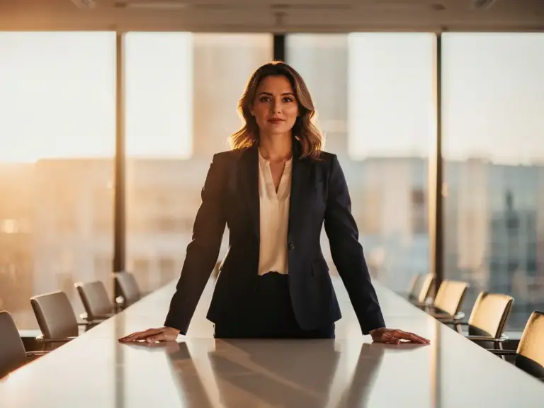 Confident woman in a tailored blazer leading a sunlit modern meeting room, hands firm on the table, warm amber light streaming through large windows.