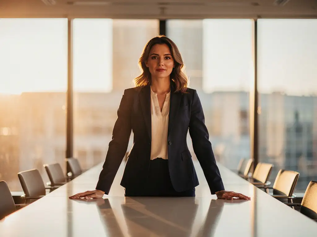 Confident woman in a tailored blazer leading a sunlit modern meeting room, hands firm on the table, warm amber light streaming through large windows.