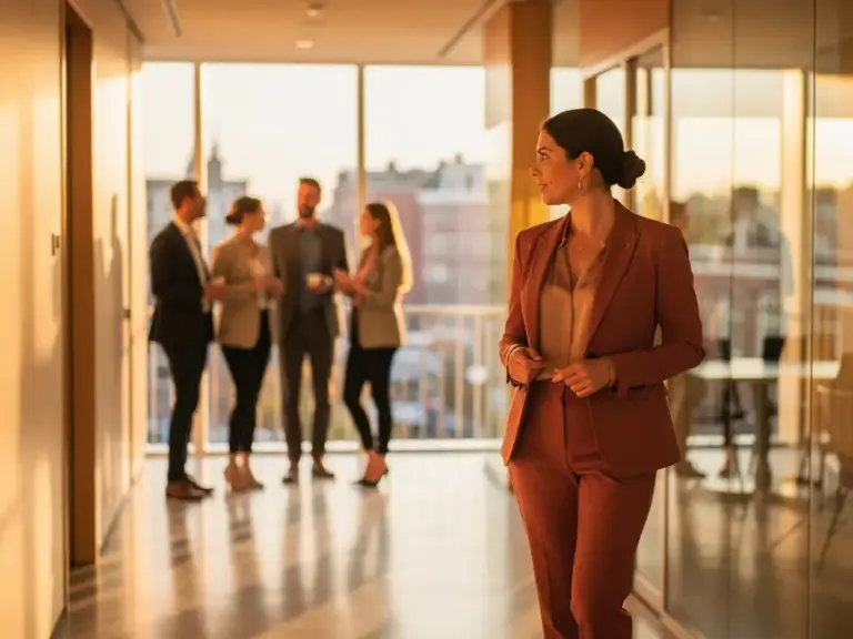 Confident professional woman pausing mid-stride in a sunlit Dutch office corridor, engaging a small group in warm conversation.