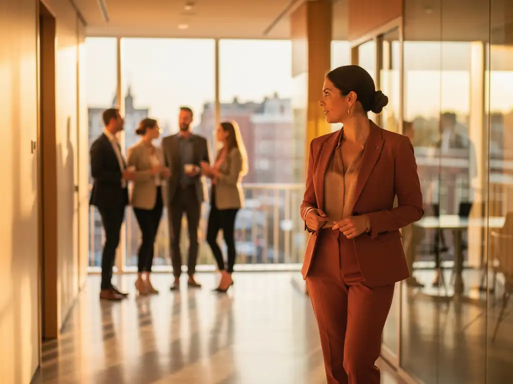 Confident professional woman pausing mid-stride in a sunlit Dutch office corridor, engaging a small group in warm conversation.