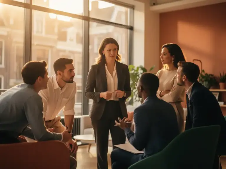 Confident professional woman leading a collaborative discussion with diverse colleagues in a sunlit modern Amsterdam office.
