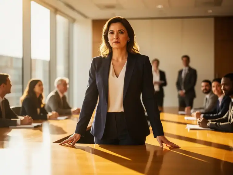 Confident woman leading a boardroom meeting in warm afternoon sunlight, colleagues listening attentively in soft-focus background.