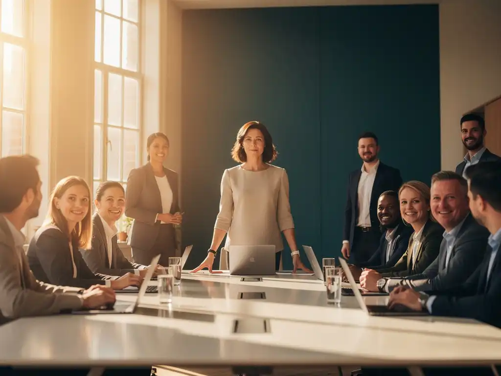 Woman leading a boardroom meeting in a sunlit room with Dutch-style windows, colleagues attentively listening, warm amber and teal tones.
