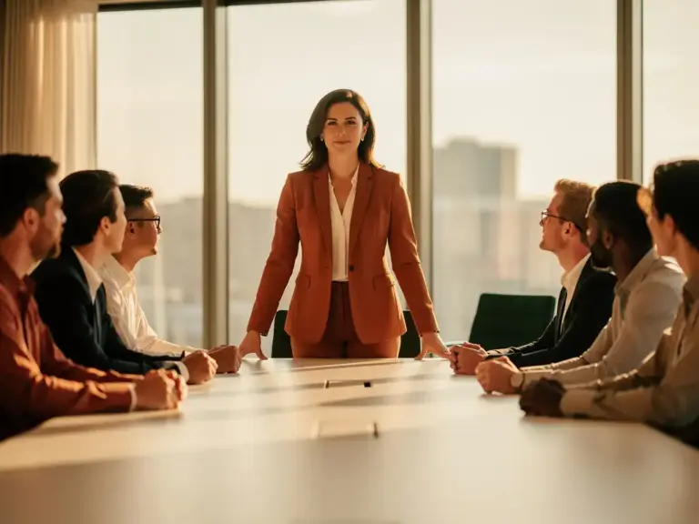 Woman leading a sunlit boardroom meeting, hands on table, colleagues engaged around her in warm terracotta and green tones.