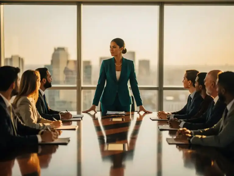 Woman leading a boardroom meeting, hands on polished table, surrounded by diverse colleagues in warm golden afternoon light.