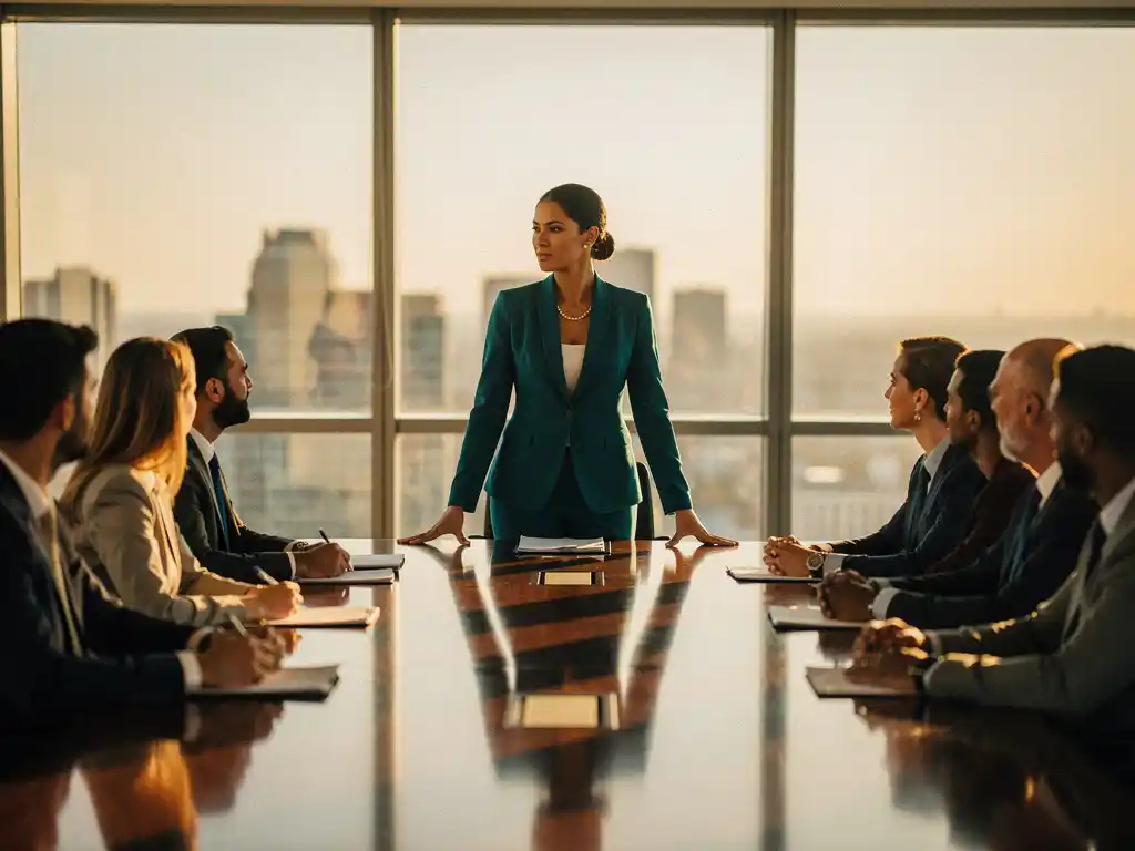 Woman leading a boardroom meeting, hands on polished table, surrounded by diverse colleagues in warm golden afternoon light.