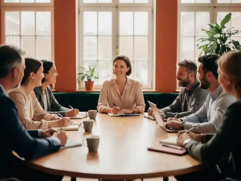 Confident woman leading a diverse team meeting around a round oak table in a sunlit Amsterdam office with terracotta and green tones.
